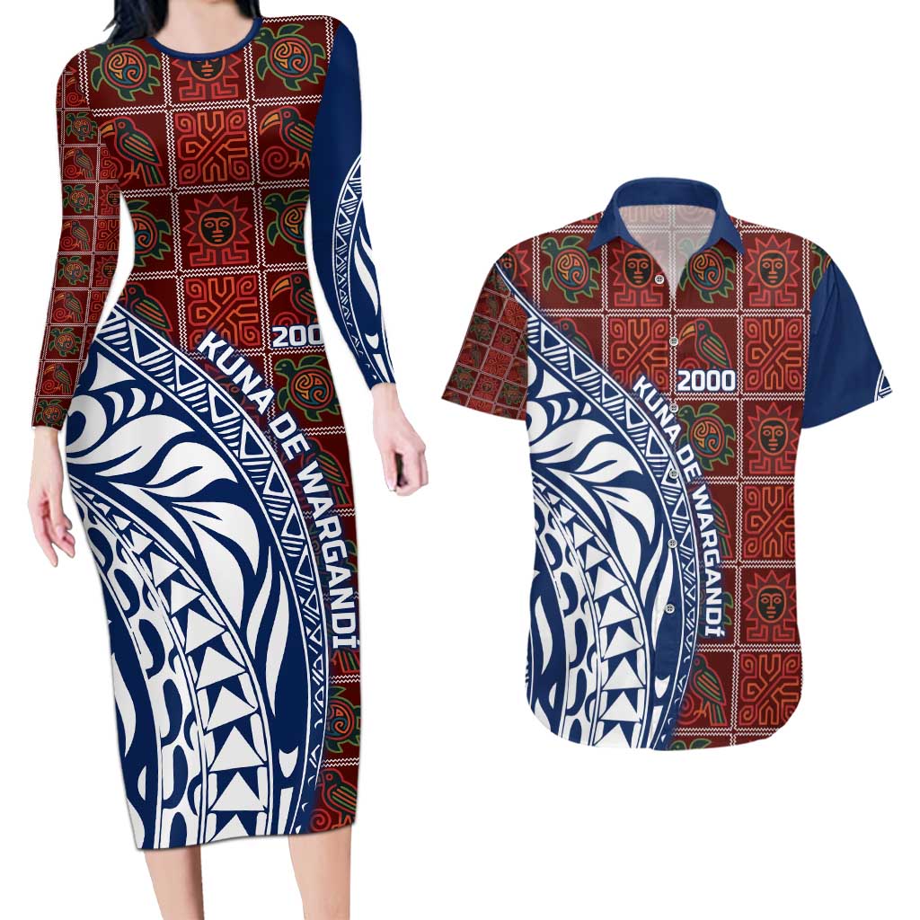 Indigenous Regions of Panama Guna de Wargandí Couples Matching Long Sleeve Bodycon Dress and Hawaiian Shirt with Tribal Pattern and Blue White Nature and People - Wonder Print Shop