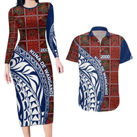 Indigenous Regions of Panama Guna de Wargandí Couples Matching Long Sleeve Bodycon Dress and Hawaiian Shirt with Tribal Pattern and Blue White Nature and People - Wonder Print Shop