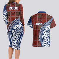 Indigenous Regions of Panama Guna de Wargandí Couples Matching Long Sleeve Bodycon Dress and Hawaiian Shirt with Tribal Pattern and Blue White Nature and People - Wonder Print Shop
