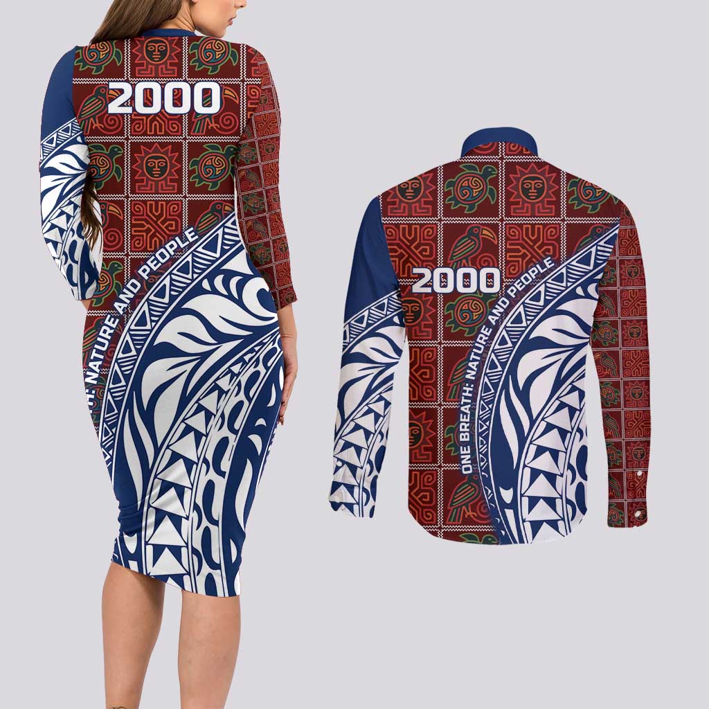 Indigenous Regions of Panama Guna de Wargandí Couples Matching Long Sleeve Bodycon Dress and Long Sleeve Button Shirt with Tribal Pattern and Blue White Nature and People - Wonder Print Shop
