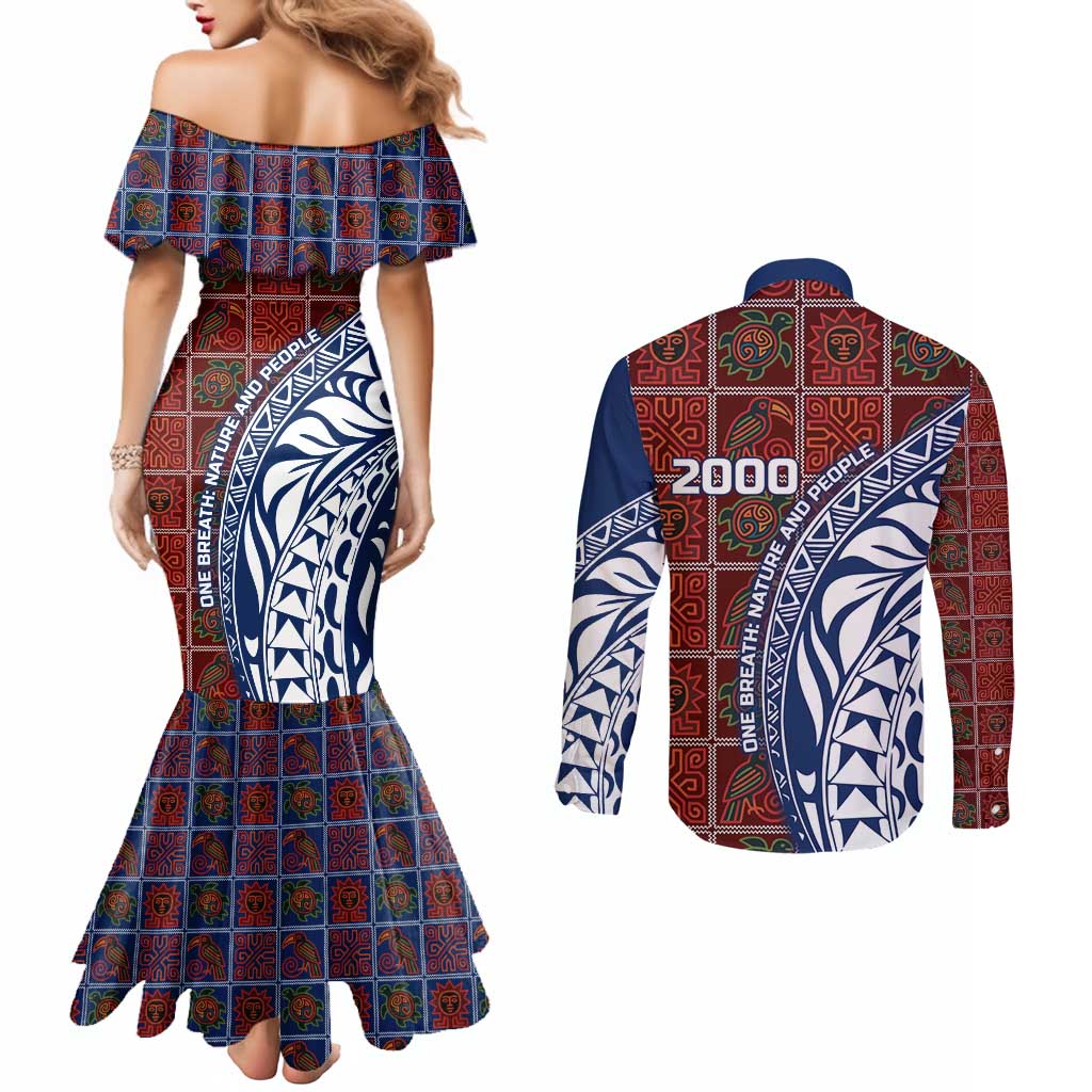 Indigenous Regions of Panama Guna de Wargandí Couples Matching Mermaid Dress and Long Sleeve Button Shirt with Tribal Pattern and Blue White Nature and People - Wonder Print Shop