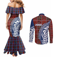 Indigenous Regions of Panama Guna de Wargandí Couples Matching Mermaid Dress and Long Sleeve Button Shirt with Tribal Pattern and Blue White Nature and People - Wonder Print Shop