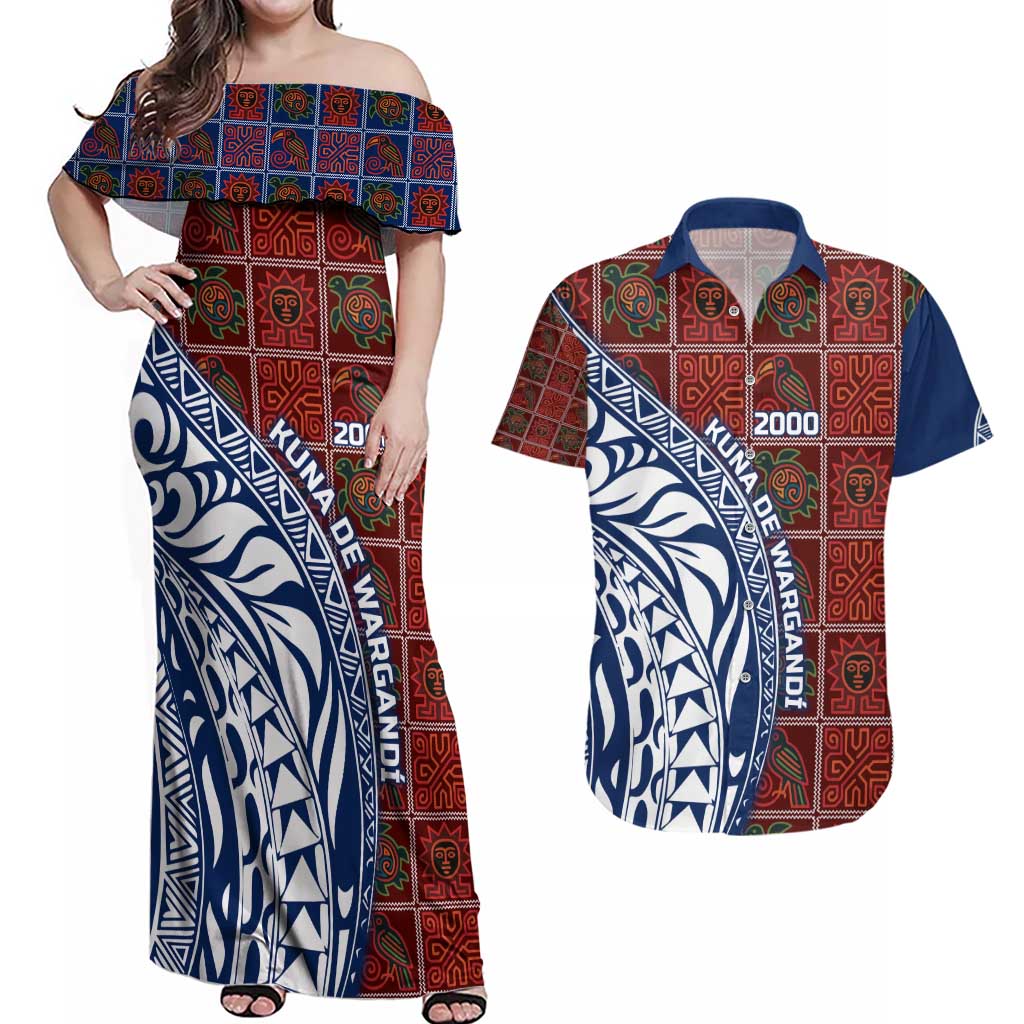 Indigenous Regions of Panama Guna de Wargandí Couples Matching Off Shoulder Maxi Dress and Hawaiian Shirt with Tribal Pattern and Blue White Nature and People - Wonder Print Shop