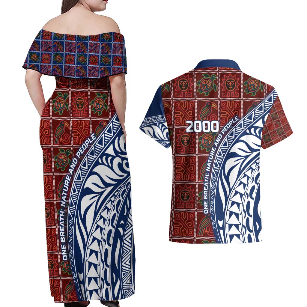 Indigenous Regions of Panama Guna de Wargandí Couples Matching Off Shoulder Maxi Dress and Hawaiian Shirt with Tribal Pattern and Blue White Nature and People - Wonder Print Shop