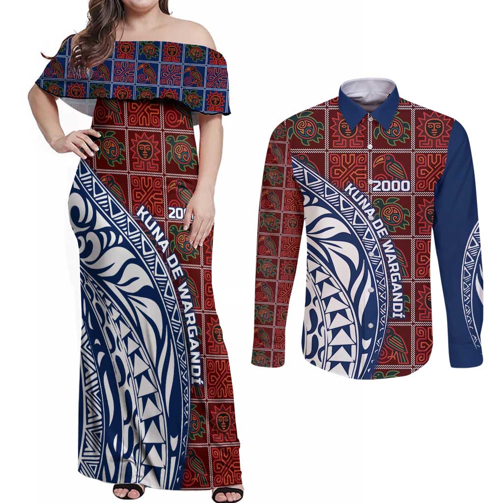 Indigenous Regions of Panama Guna de Wargandí Couples Matching Off Shoulder Maxi Dress and Long Sleeve Button Shirt with Tribal Pattern and Blue White Nature and People - Wonder Print Shop