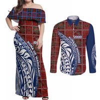 Indigenous Regions of Panama Guna de Wargandí Couples Matching Off Shoulder Maxi Dress and Long Sleeve Button Shirt with Tribal Pattern and Blue White Nature and People - Wonder Print Shop