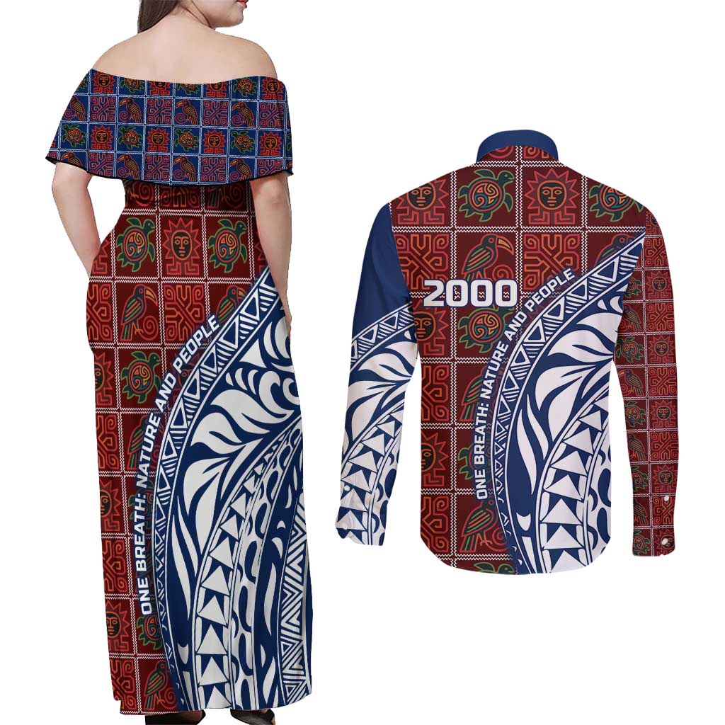 Indigenous Regions of Panama Guna de Wargandí Couples Matching Off Shoulder Maxi Dress and Long Sleeve Button Shirt with Tribal Pattern and Blue White Nature and People - Wonder Print Shop