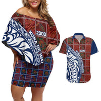 Indigenous Regions of Panama Guna de Wargandí Couples Matching Off Shoulder Short Dress and Hawaiian Shirt with Tribal Pattern and Blue White Nature and People - Wonder Print Shop