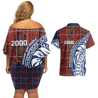 Indigenous Regions of Panama Guna de Wargandí Couples Matching Off Shoulder Short Dress and Hawaiian Shirt with Tribal Pattern and Blue White Nature and People - Wonder Print Shop