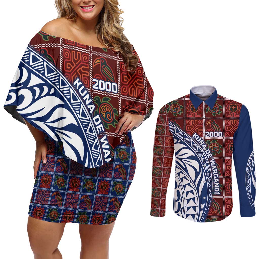 Indigenous Regions of Panama Guna de Wargandí Couples Matching Off Shoulder Short Dress and Long Sleeve Button Shirt with Tribal Pattern and Blue White Nature and People - Wonder Print Shop