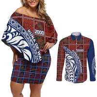 Indigenous Regions of Panama Guna de Wargandí Couples Matching Off Shoulder Short Dress and Long Sleeve Button Shirt with Tribal Pattern and Blue White Nature and People - Wonder Print Shop