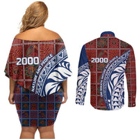 Indigenous Regions of Panama Guna de Wargandí Couples Matching Off Shoulder Short Dress and Long Sleeve Button Shirt with Tribal Pattern and Blue White Nature and People - Wonder Print Shop