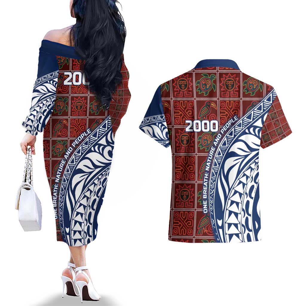 Indigenous Regions of Panama Guna de Wargandí Couples Matching Off The Shoulder Long Sleeve Dress and Hawaiian Shirt with Tribal Pattern and Blue White Nature and People - Wonder Print Shop