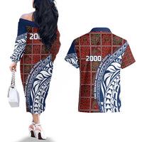 Indigenous Regions of Panama Guna de Wargandí Couples Matching Off The Shoulder Long Sleeve Dress and Hawaiian Shirt with Tribal Pattern and Blue White Nature and People - Wonder Print Shop