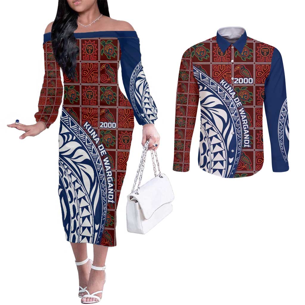 Indigenous Regions of Panama Guna de Wargandí Couples Matching Off The Shoulder Long Sleeve Dress and Long Sleeve Button Shirt with Tribal Pattern and Blue White Nature and People - Wonder Print Shop