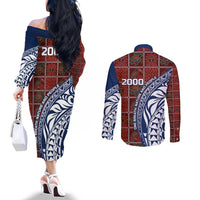 Indigenous Regions of Panama Guna de Wargandí Couples Matching Off The Shoulder Long Sleeve Dress and Long Sleeve Button Shirt with Tribal Pattern and Blue White Nature and People - Wonder Print Shop