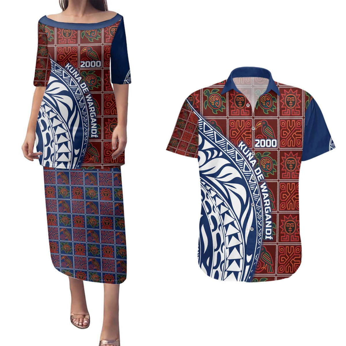Indigenous Regions of Panama Guna de Wargandí Couples Matching Puletasi and Hawaiian Shirt with Tribal Pattern and Blue White Nature and People - Wonder Print Shop