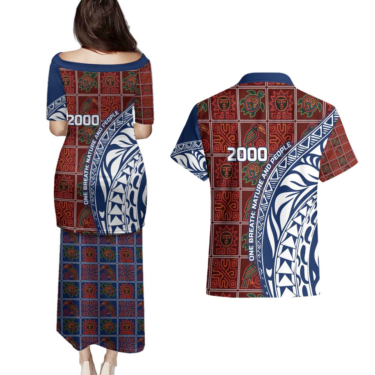 Indigenous Regions of Panama Guna de Wargandí Couples Matching Puletasi and Hawaiian Shirt with Tribal Pattern and Blue White Nature and People - Wonder Print Shop