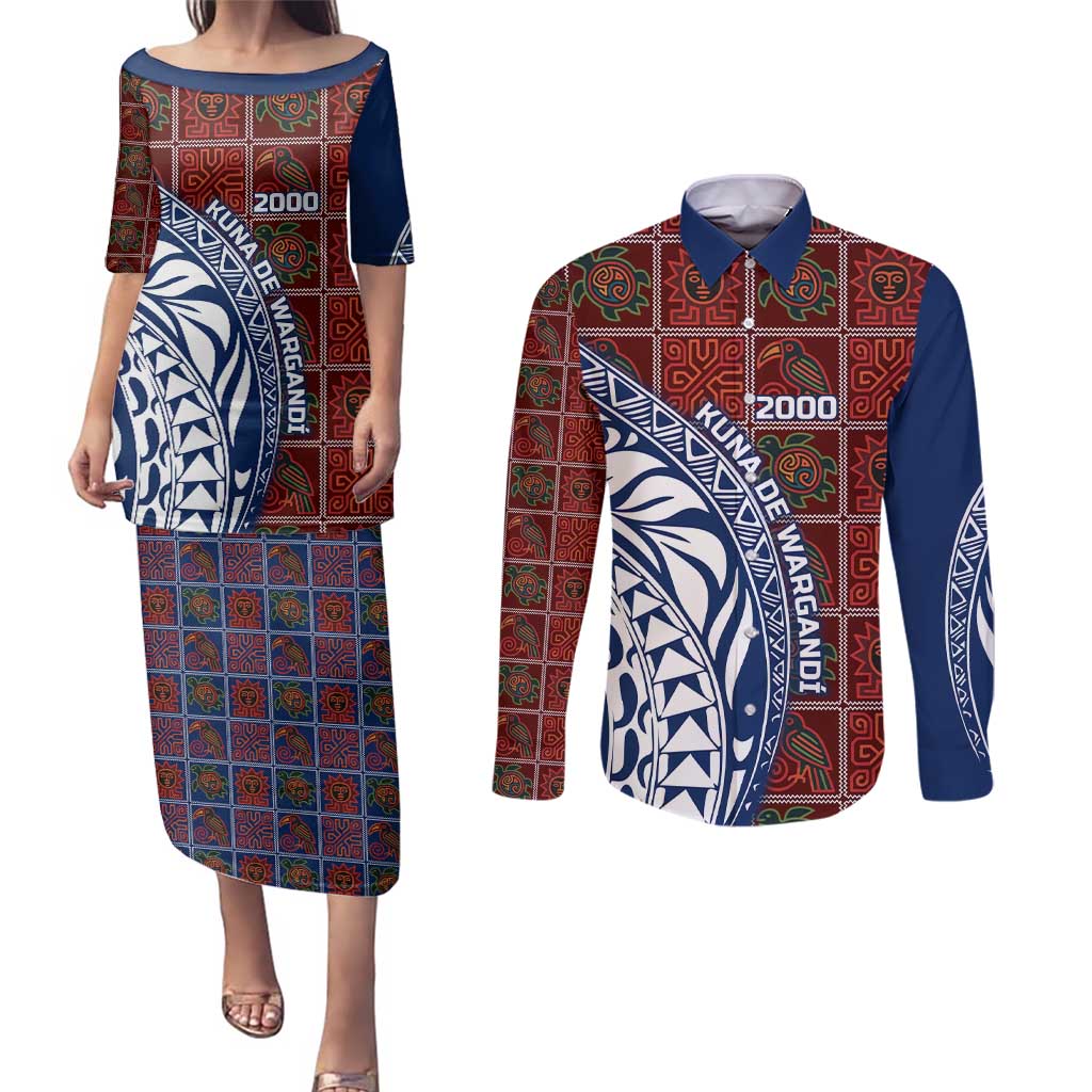 Indigenous Regions of Panama Guna de Wargandí Couples Matching Puletasi and Long Sleeve Button Shirt with Tribal Pattern and Blue White Nature and People - Wonder Print Shop