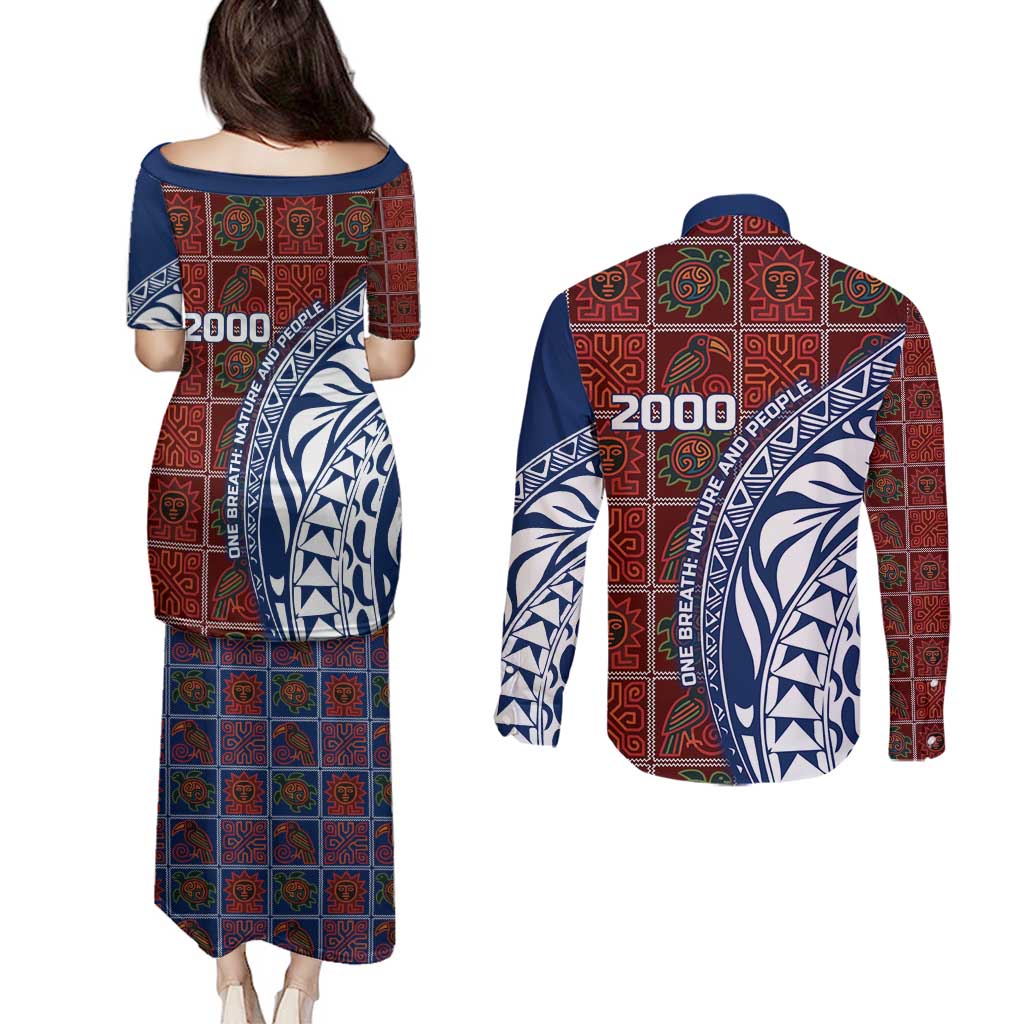 Indigenous Regions of Panama Guna de Wargandí Couples Matching Puletasi and Long Sleeve Button Shirt with Tribal Pattern and Blue White Nature and People - Wonder Print Shop