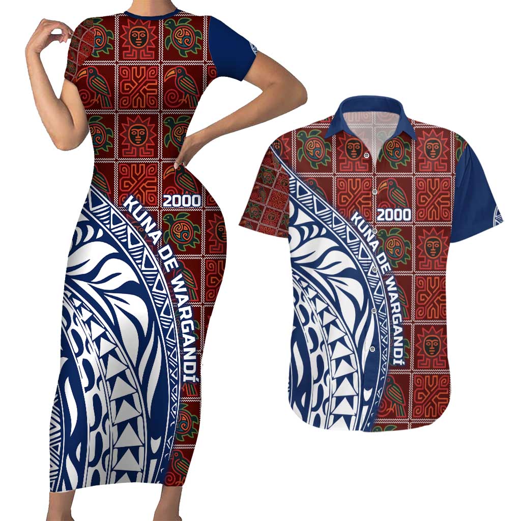 Indigenous Regions of Panama Guna de Wargandí Couples Matching Short Sleeve Bodycon Dress and Hawaiian Shirt with Tribal Pattern and Blue White Nature and People - Wonder Print Shop