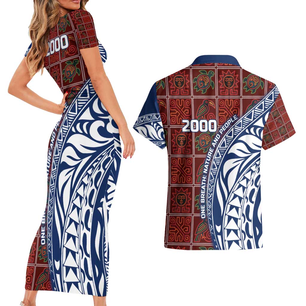 Indigenous Regions of Panama Guna de Wargandí Couples Matching Short Sleeve Bodycon Dress and Hawaiian Shirt with Tribal Pattern and Blue White Nature and People - Wonder Print Shop
