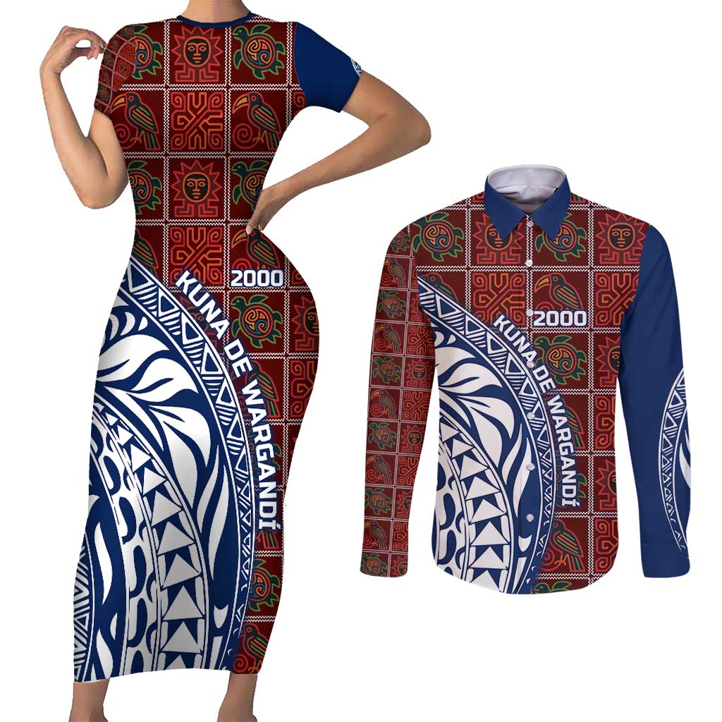 Indigenous Regions of Panama Guna de Wargandí Couples Matching Short Sleeve Bodycon Dress and Long Sleeve Button Shirt with Tribal Pattern and Blue White Nature and People - Wonder Print Shop