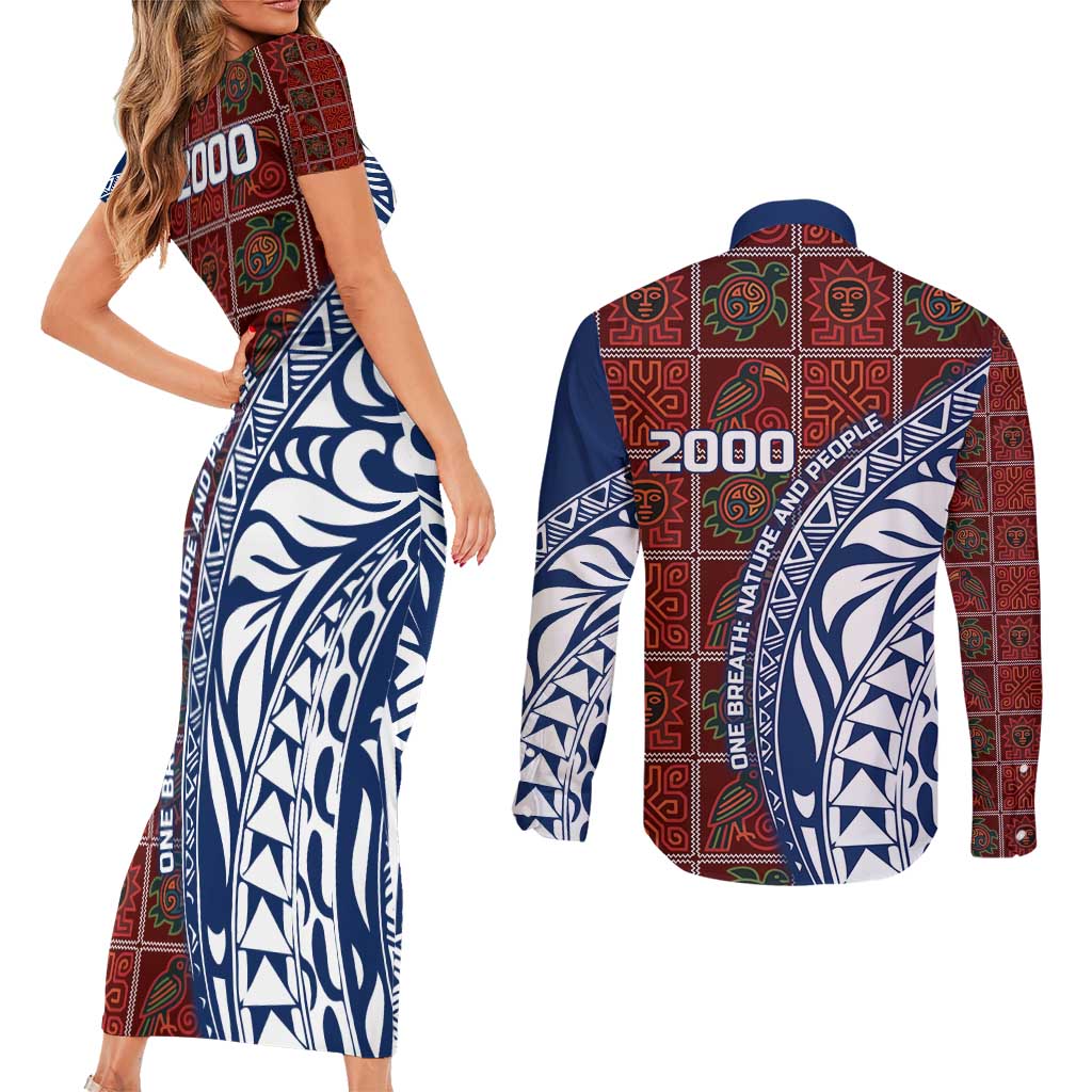 Indigenous Regions of Panama Guna de Wargandí Couples Matching Short Sleeve Bodycon Dress and Long Sleeve Button Shirt with Tribal Pattern and Blue White Nature and People - Wonder Print Shop