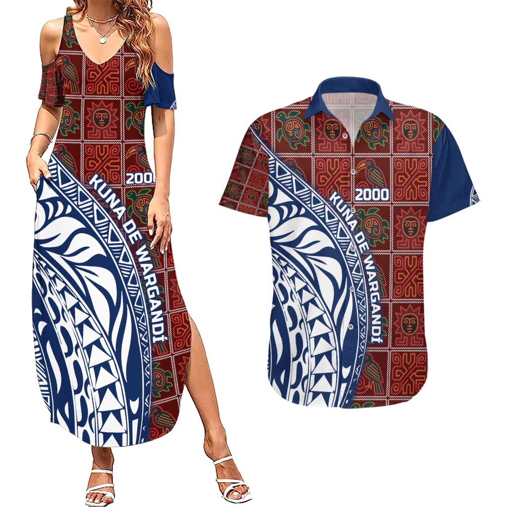 Indigenous Regions of Panama Guna de Wargandí Couples Matching Summer Maxi Dress and Hawaiian Shirt with Tribal Pattern and Blue White Nature and People - Wonder Print Shop