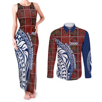 Indigenous Regions of Panama Guna de Wargandí Couples Matching Tank Maxi Dress and Long Sleeve Button Shirt with Tribal Pattern and Blue White Nature and People - Wonder Print Shop