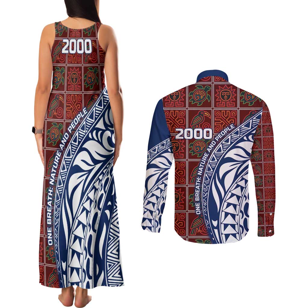 Indigenous Regions of Panama Guna de Wargandí Couples Matching Tank Maxi Dress and Long Sleeve Button Shirt with Tribal Pattern and Blue White Nature and People - Wonder Print Shop