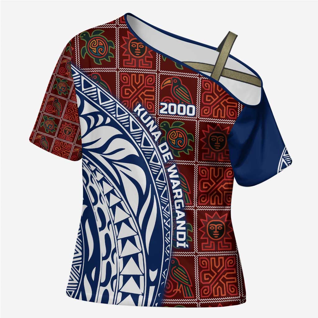 Indigenous Regions of Panama Guna de Wargandí Cross Shoulder Shirt with Tribal Pattern and Blue White Nature and People - Wonder Print Shop