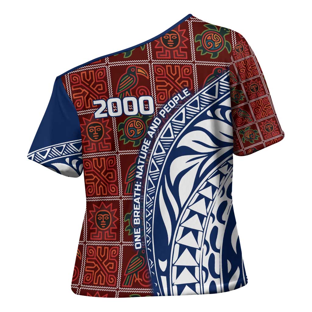 Indigenous Regions of Panama Guna de Wargandí Cross Shoulder Shirt with Tribal Pattern and Blue White Nature and People - Wonder Print Shop