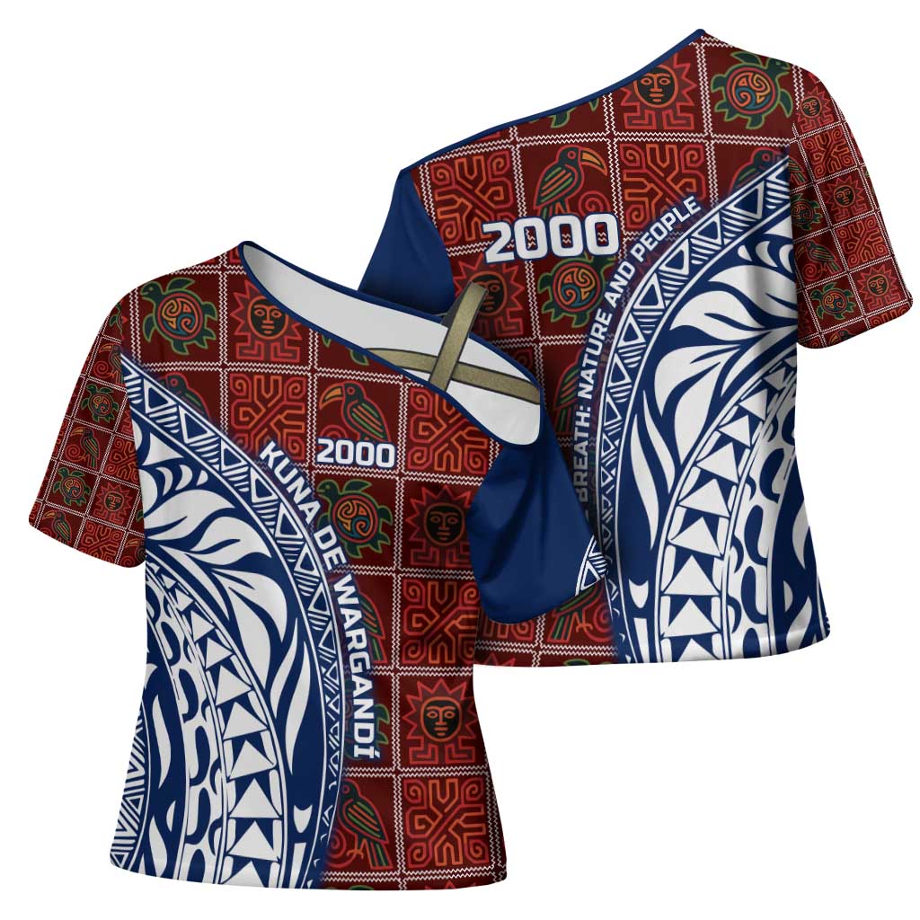 Indigenous Regions of Panama Guna de Wargandí Cross Shoulder Shirt with Tribal Pattern and Blue White Nature and People - Wonder Print Shop