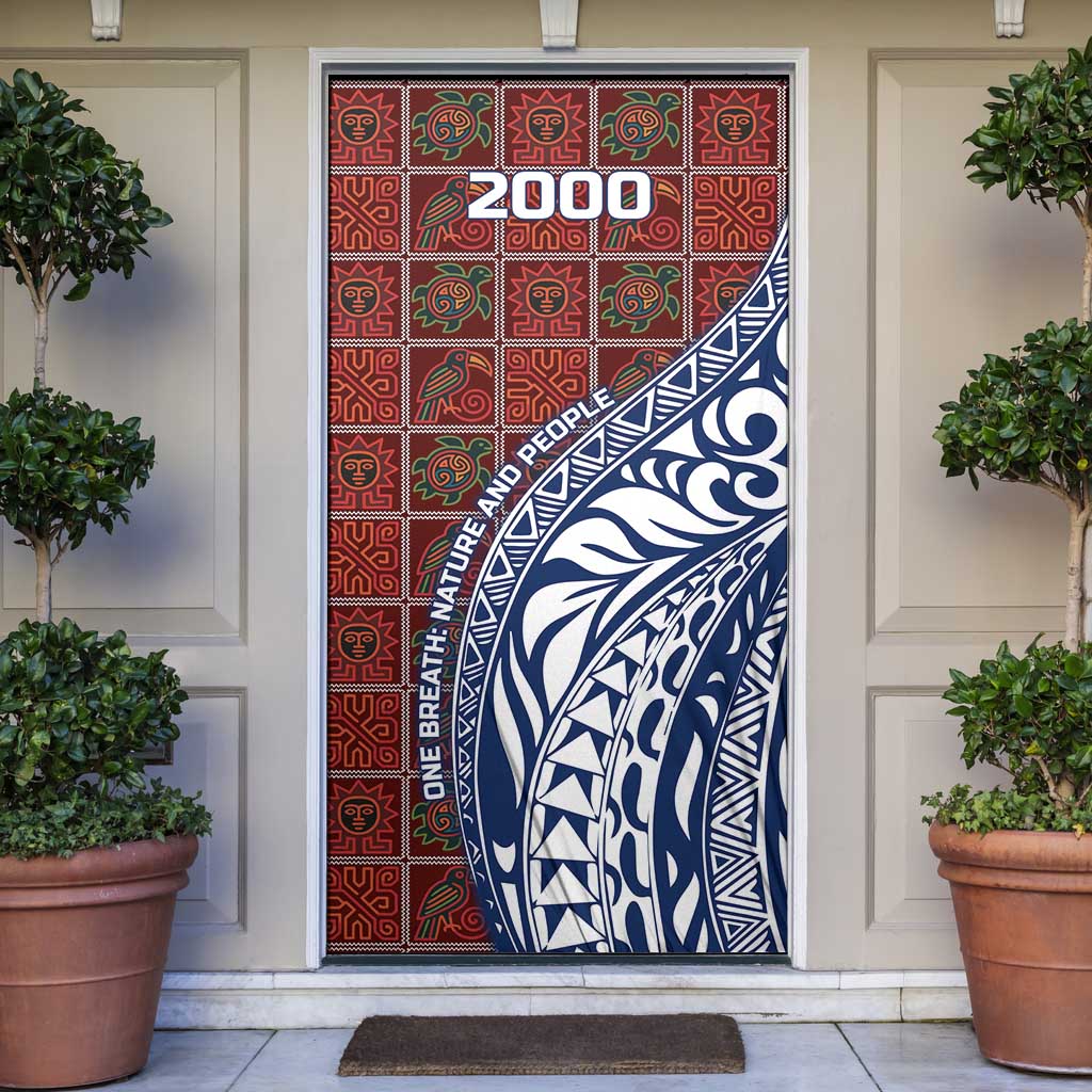 Indigenous Regions of Panama Guna de Wargandí Door Cover with Tribal Pattern and Blue White Nature and People - Wonder Print Shop