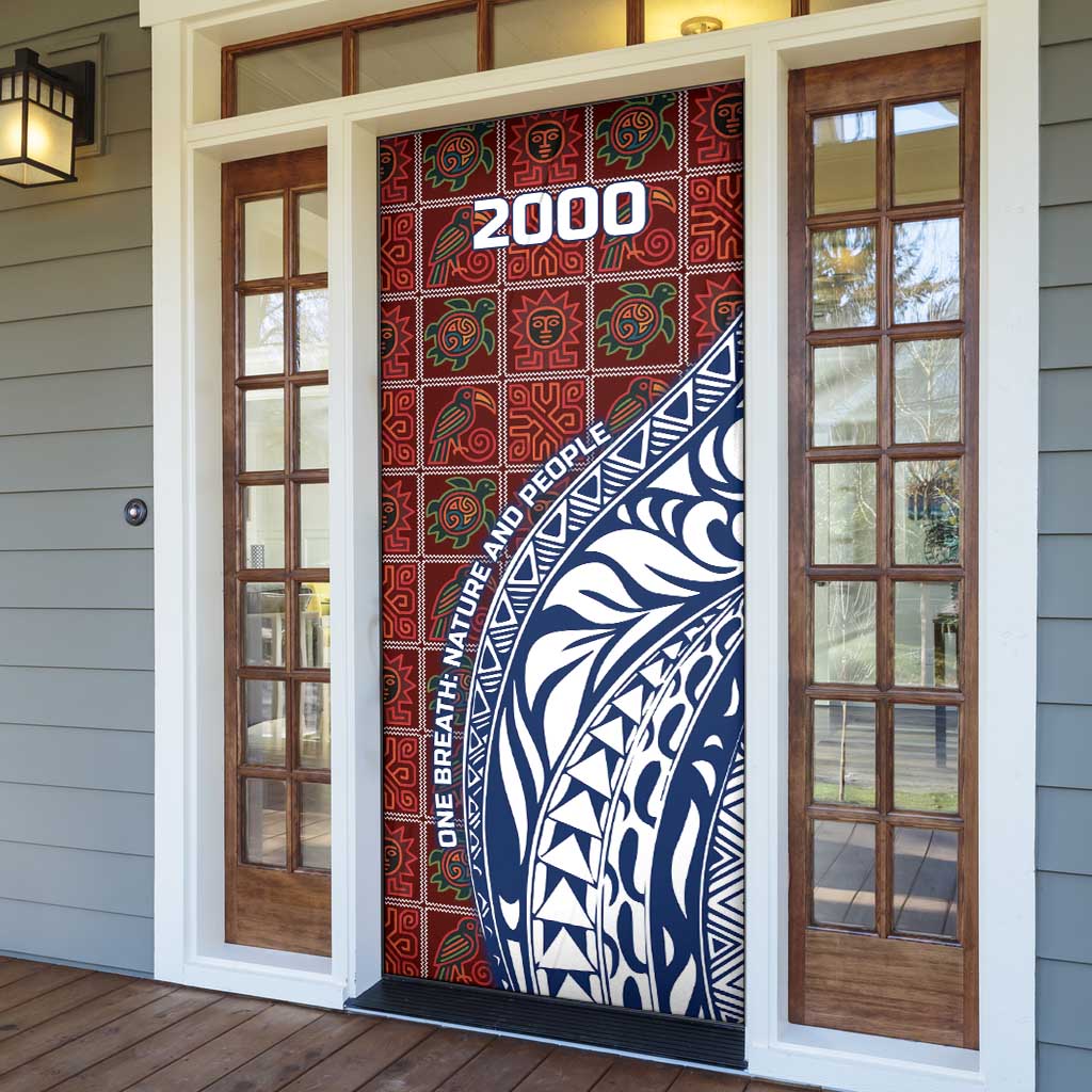 Indigenous Regions of Panama Guna de Wargandí Door Cover with Tribal Pattern and Blue White Nature and People - Wonder Print Shop