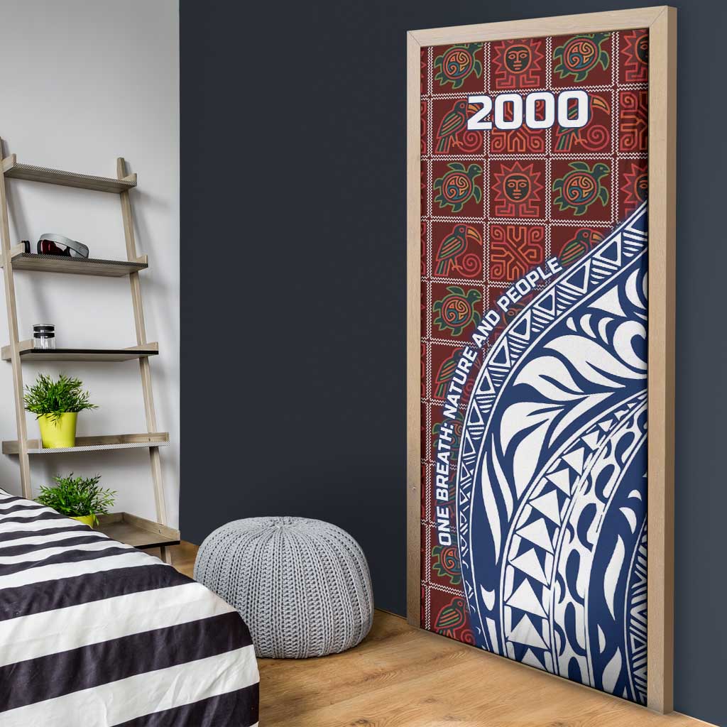 Indigenous Regions of Panama Guna de Wargandí Door Cover with Tribal Pattern and Blue White Nature and People - Wonder Print Shop