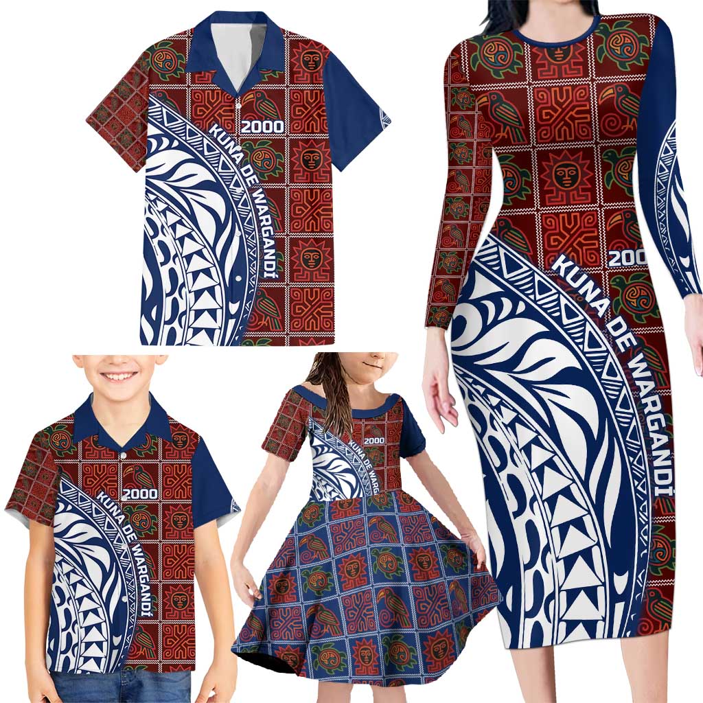Indigenous Regions of Panama Guna de Wargandí Family Matching Long Sleeve Bodycon Dress and Hawaiian Shirt with Tribal Pattern and Blue White Nature and People - Wonder Print Shop