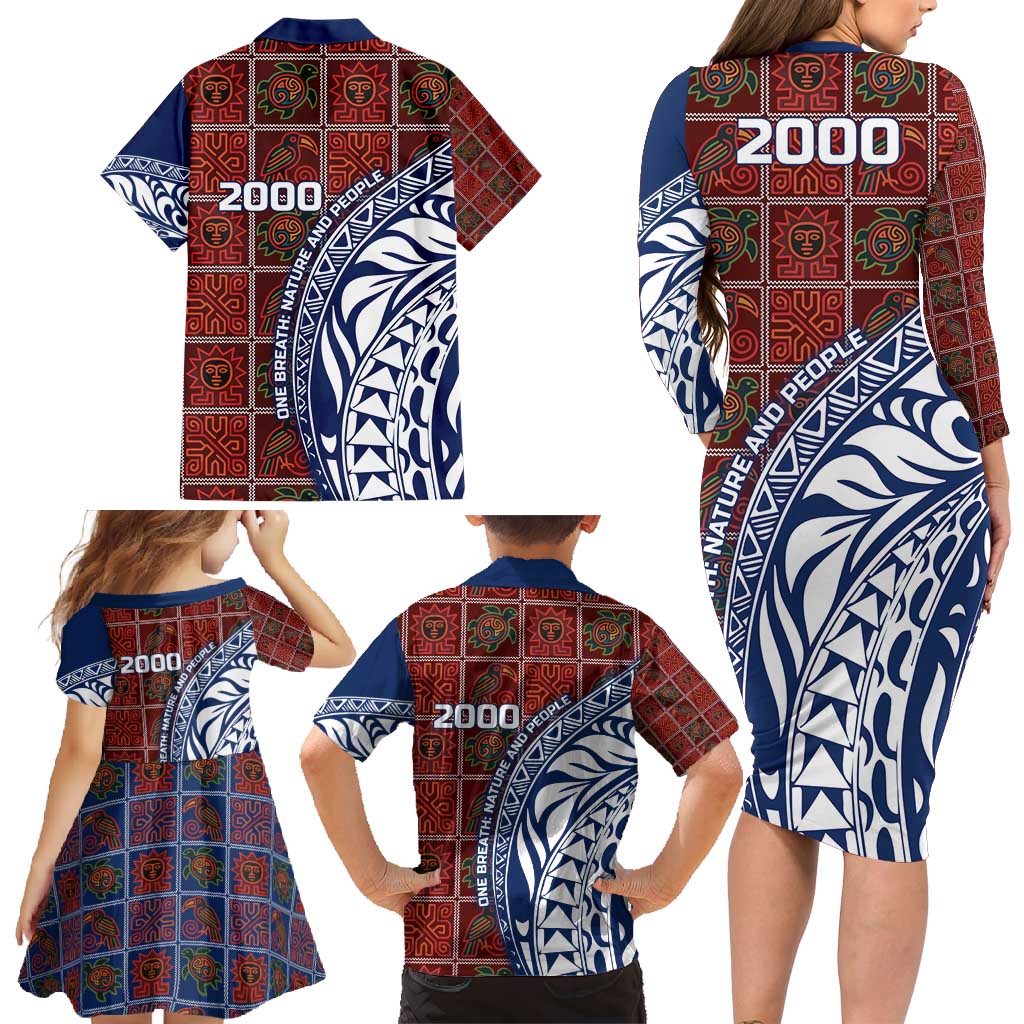 Indigenous Regions of Panama Guna de Wargandí Family Matching Long Sleeve Bodycon Dress and Hawaiian Shirt with Tribal Pattern and Blue White Nature and People - Wonder Print Shop