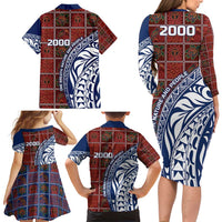 Indigenous Regions of Panama Guna de Wargandí Family Matching Long Sleeve Bodycon Dress and Hawaiian Shirt with Tribal Pattern and Blue White Nature and People - Wonder Print Shop