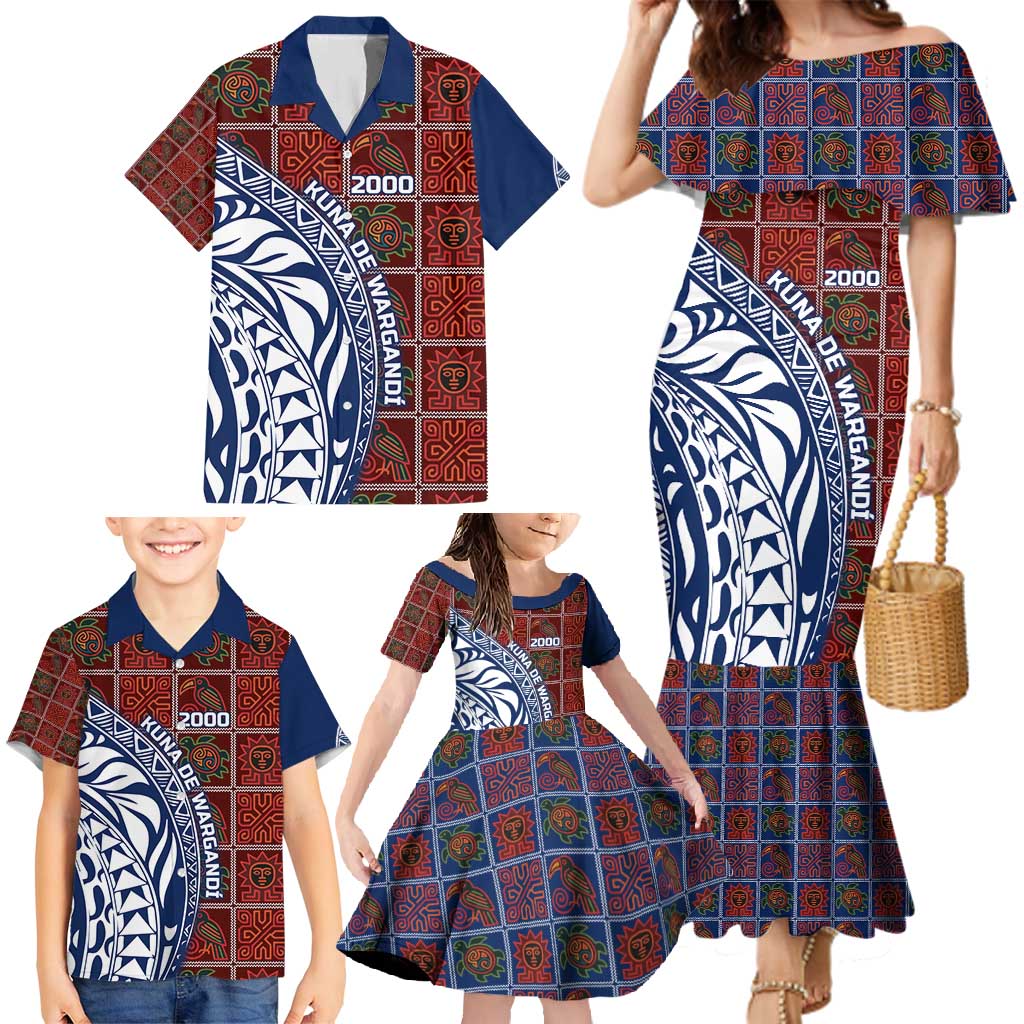 Indigenous Regions of Panama Guna de Wargandí Family Matching Mermaid Dress and Hawaiian Shirt with Tribal Pattern and Blue White Nature and People - Wonder Print Shop