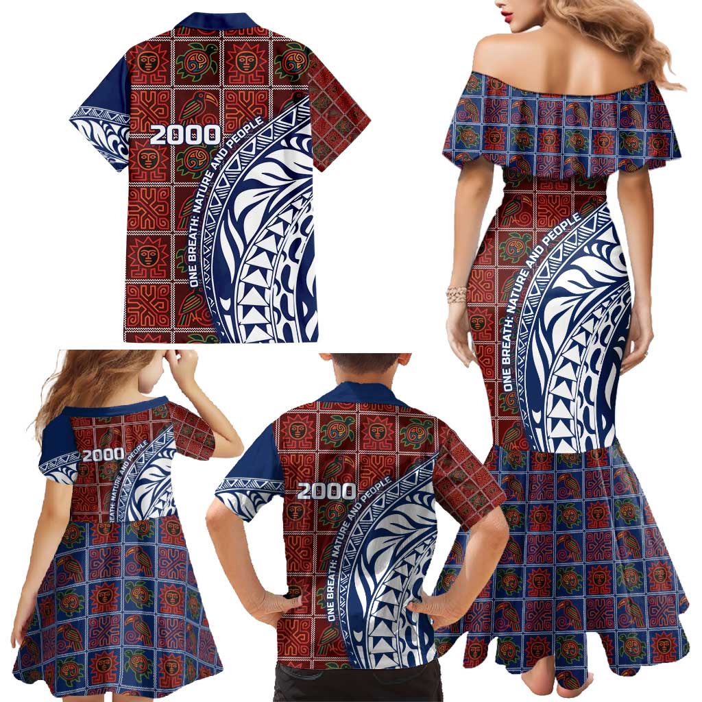 Indigenous Regions of Panama Guna de Wargandí Family Matching Mermaid Dress and Hawaiian Shirt with Tribal Pattern and Blue White Nature and People - Wonder Print Shop