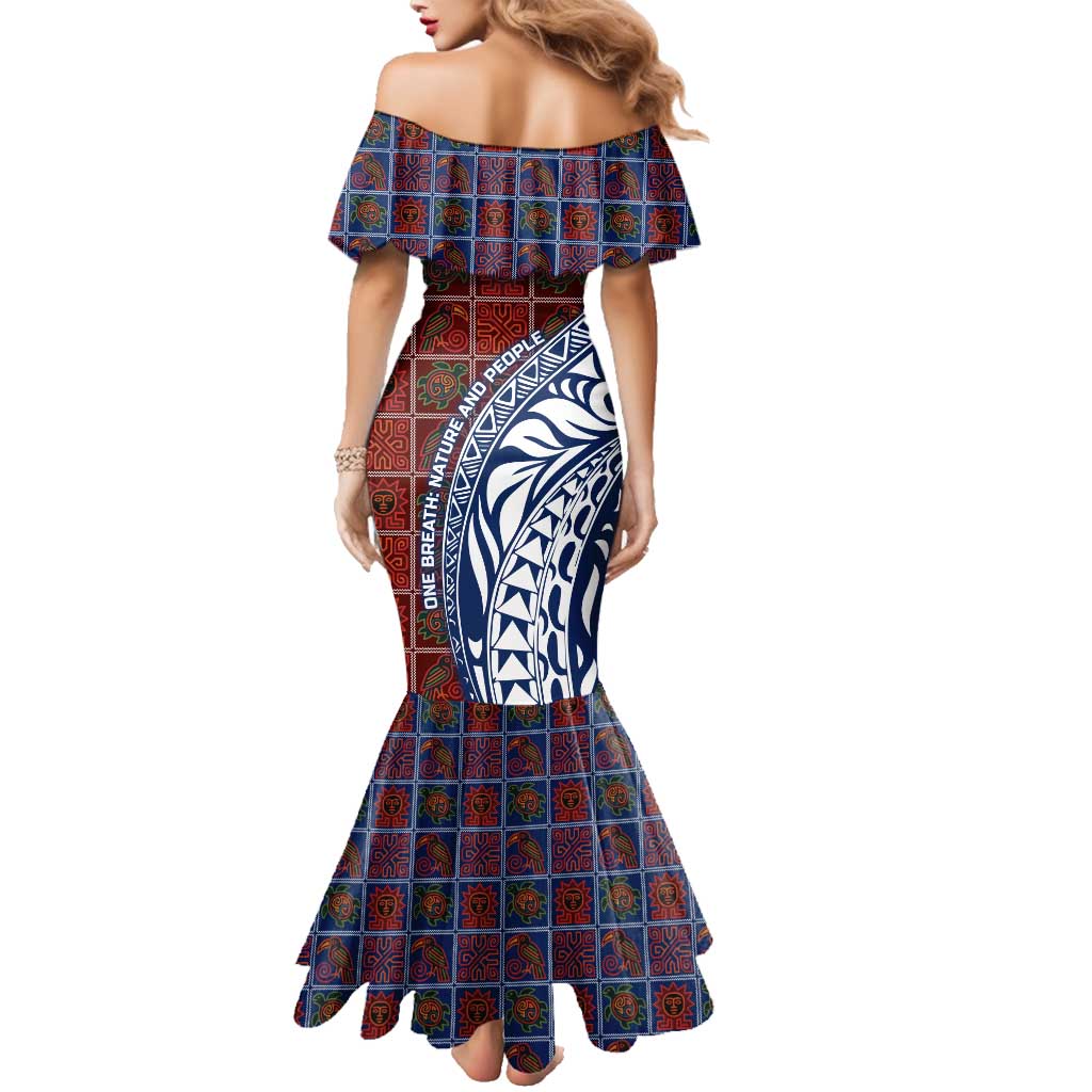 Indigenous Regions of Panama Guna de Wargandí Family Matching Mermaid Dress and Hawaiian Shirt with Tribal Pattern and Blue White Nature and People - Wonder Print Shop