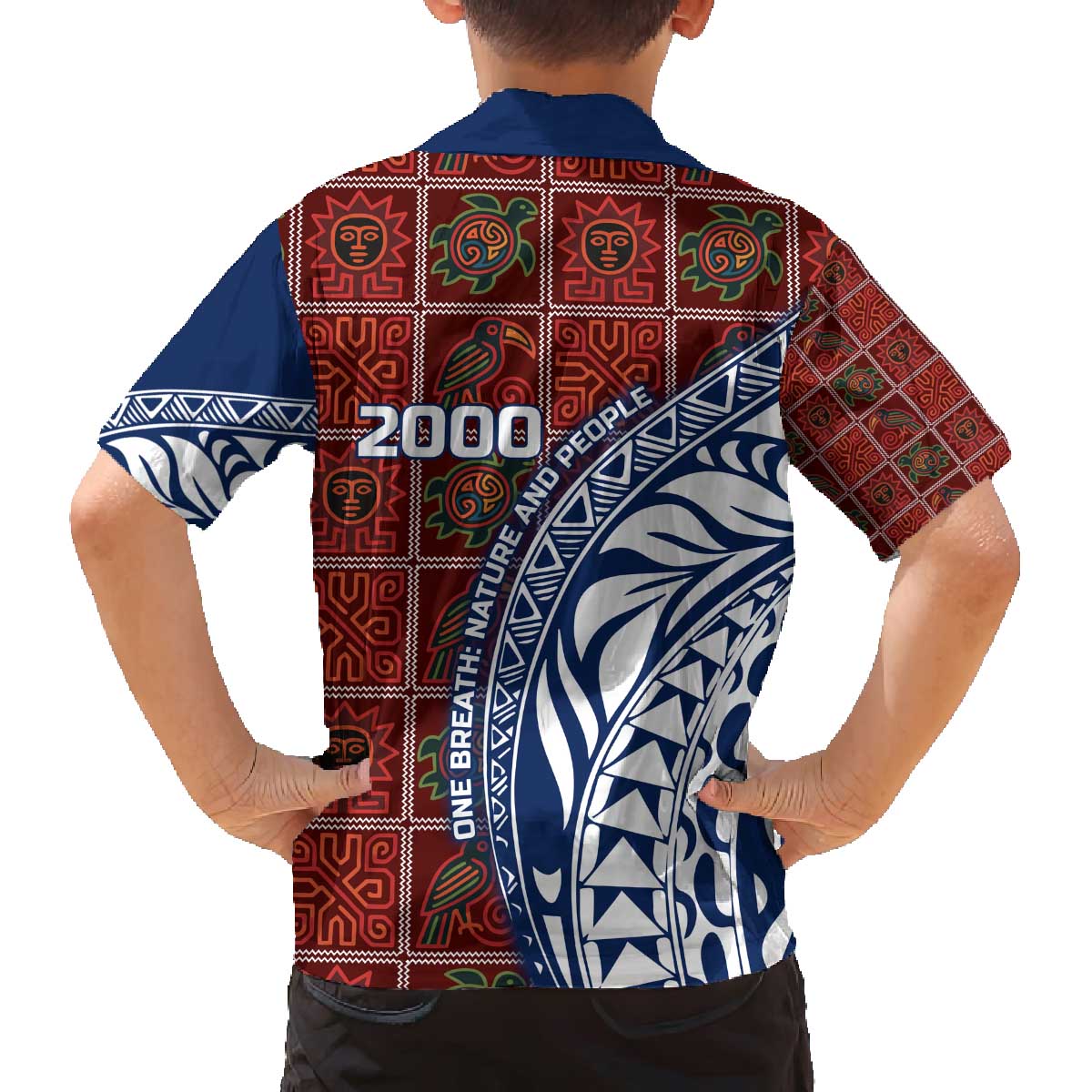 Indigenous Regions of Panama Guna de Wargandí Family Matching Off The Shoulder Long Sleeve Dress and Hawaiian Shirt with Tribal Pattern and Blue White Nature and People - Wonder Print Shop