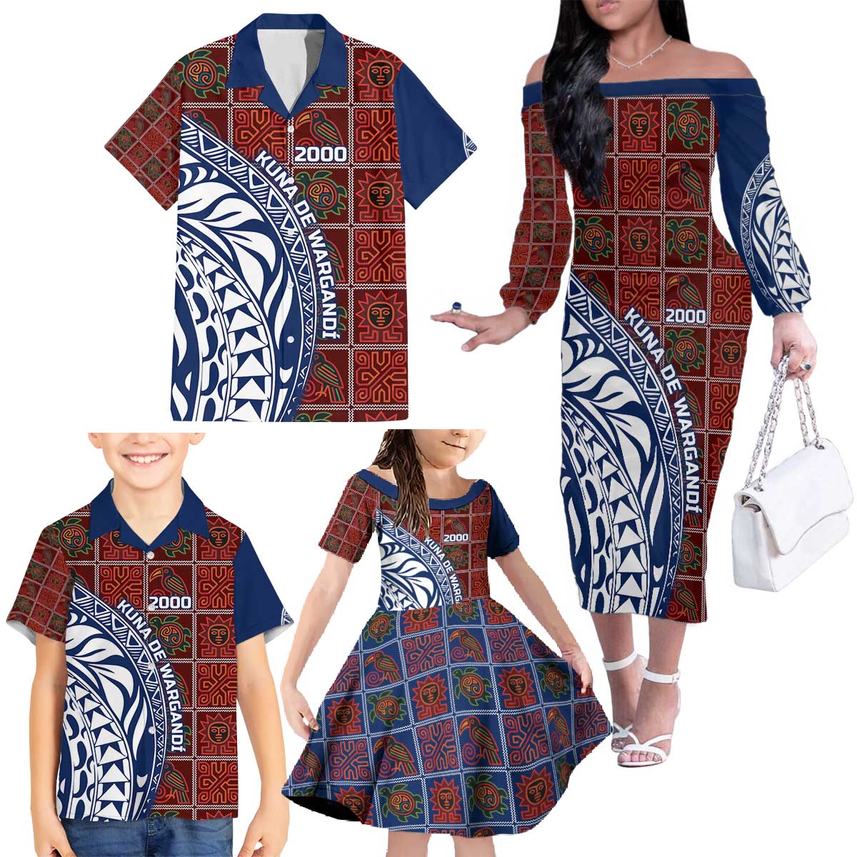 Indigenous Regions of Panama Guna de Wargandí Family Matching Off The Shoulder Long Sleeve Dress and Hawaiian Shirt with Tribal Pattern and Blue White Nature and People - Wonder Print Shop