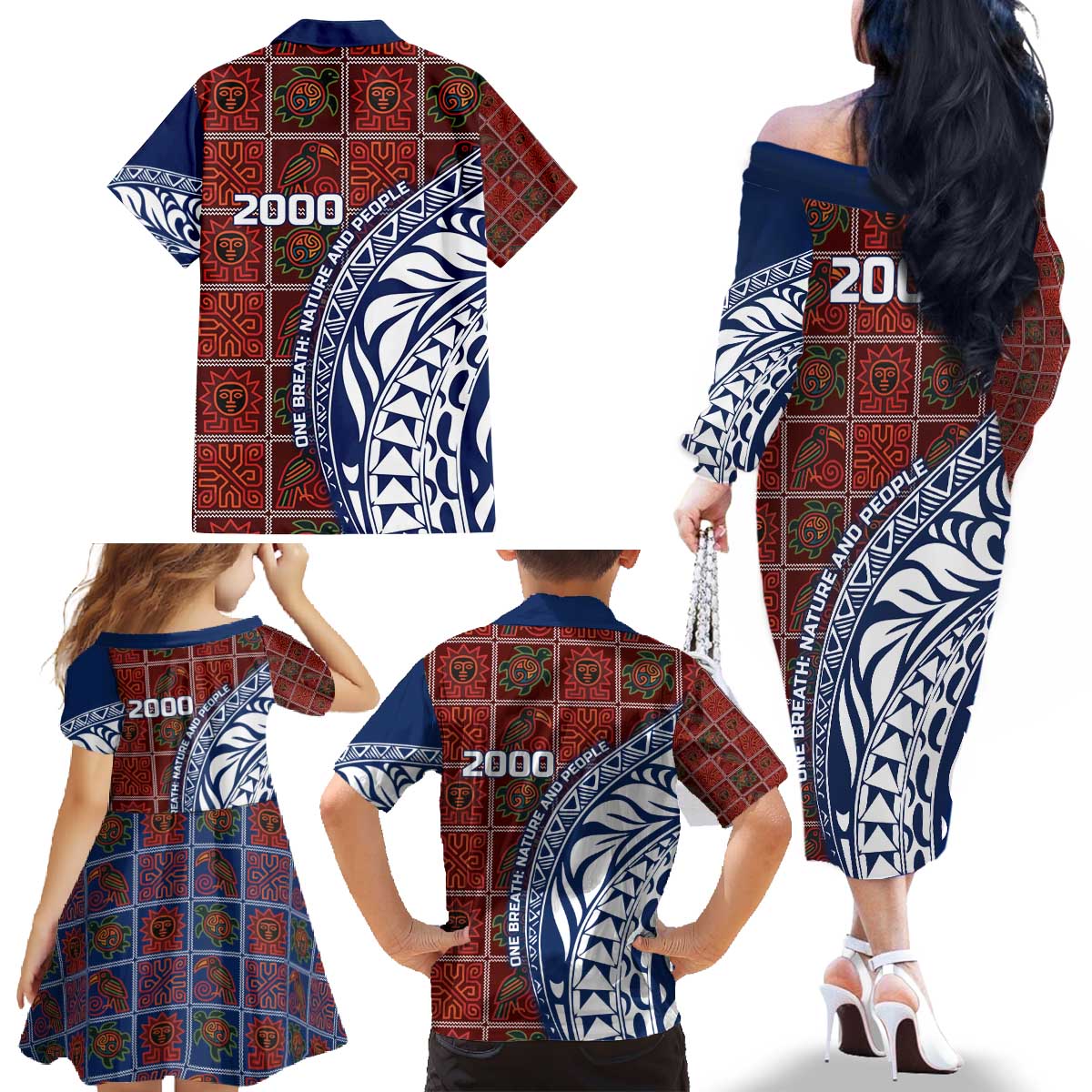 Indigenous Regions of Panama Guna de Wargandí Family Matching Off The Shoulder Long Sleeve Dress and Hawaiian Shirt with Tribal Pattern and Blue White Nature and People - Wonder Print Shop