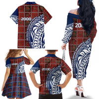 Indigenous Regions of Panama Guna de Wargandí Family Matching Off The Shoulder Long Sleeve Dress and Hawaiian Shirt with Tribal Pattern and Blue White Nature and People - Wonder Print Shop