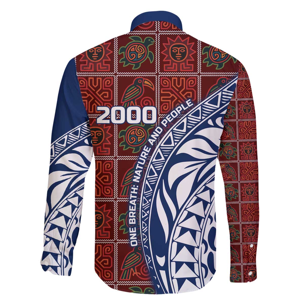 Indigenous Regions of Panama Guna de Wargandí Family Matching Off The Shoulder Long Sleeve Dress and Hawaiian Shirt with Tribal Pattern and Blue White Nature and People - Wonder Print Shop