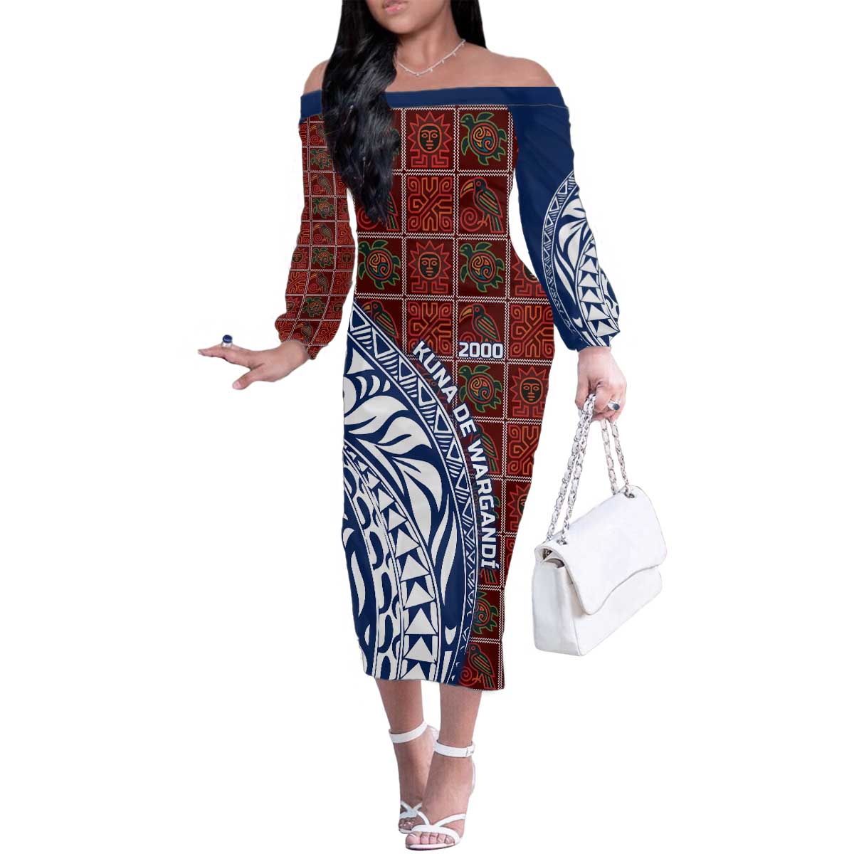 Indigenous Regions of Panama Guna de Wargandí Family Matching Off The Shoulder Long Sleeve Dress and Hawaiian Shirt with Tribal Pattern and Blue White Nature and People - Wonder Print Shop
