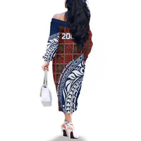 Indigenous Regions of Panama Guna de Wargandí Family Matching Off The Shoulder Long Sleeve Dress and Hawaiian Shirt with Tribal Pattern and Blue White Nature and People - Wonder Print Shop